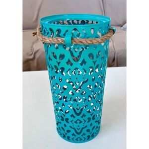 Round Metal Aqua Blue Cutout Candle Lantern New Without Tags